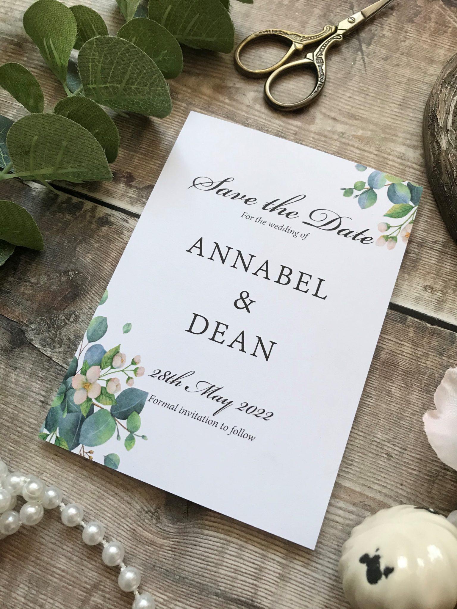 Eucalyptus Save the Date Cards with green envelopes, set of 10